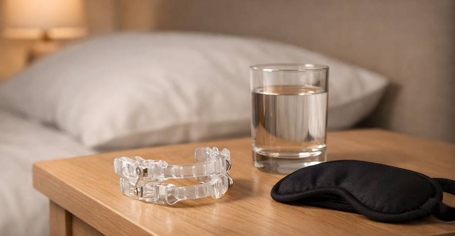 Oral sleep appliance resting on nightstand