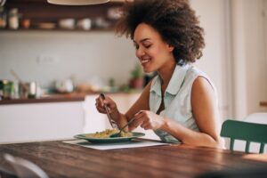 Woman with sleep apnea eating healthy foods