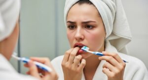 Concerned woman looking at her mouth in mirror